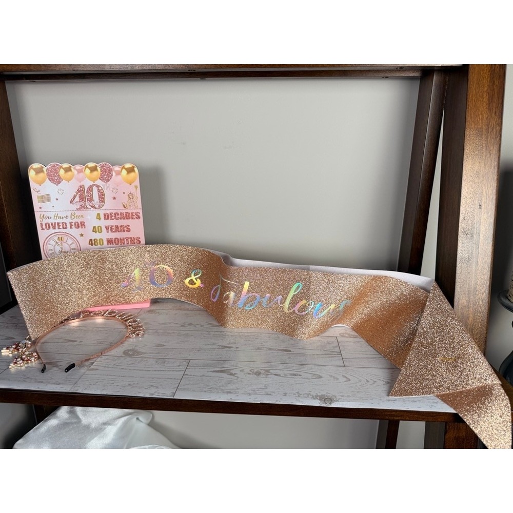 40 & Fabulous Birthday Sash Headband Earrings Set‎ Rose Gold Glitter - Picture 8 of 9